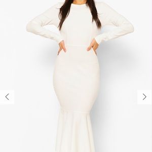 BOOHOO fishtail long sleeve Midas I dress in white
